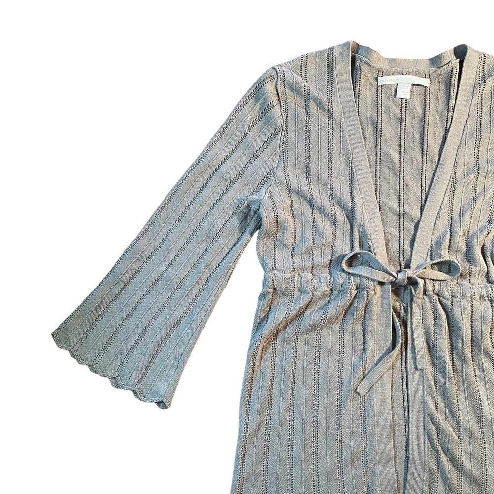 Vintage Gray Ribbed Knit Tie Waist Scalloped Hem Cardigan Sweater Small Y2K 90s - Picture 5 of 16